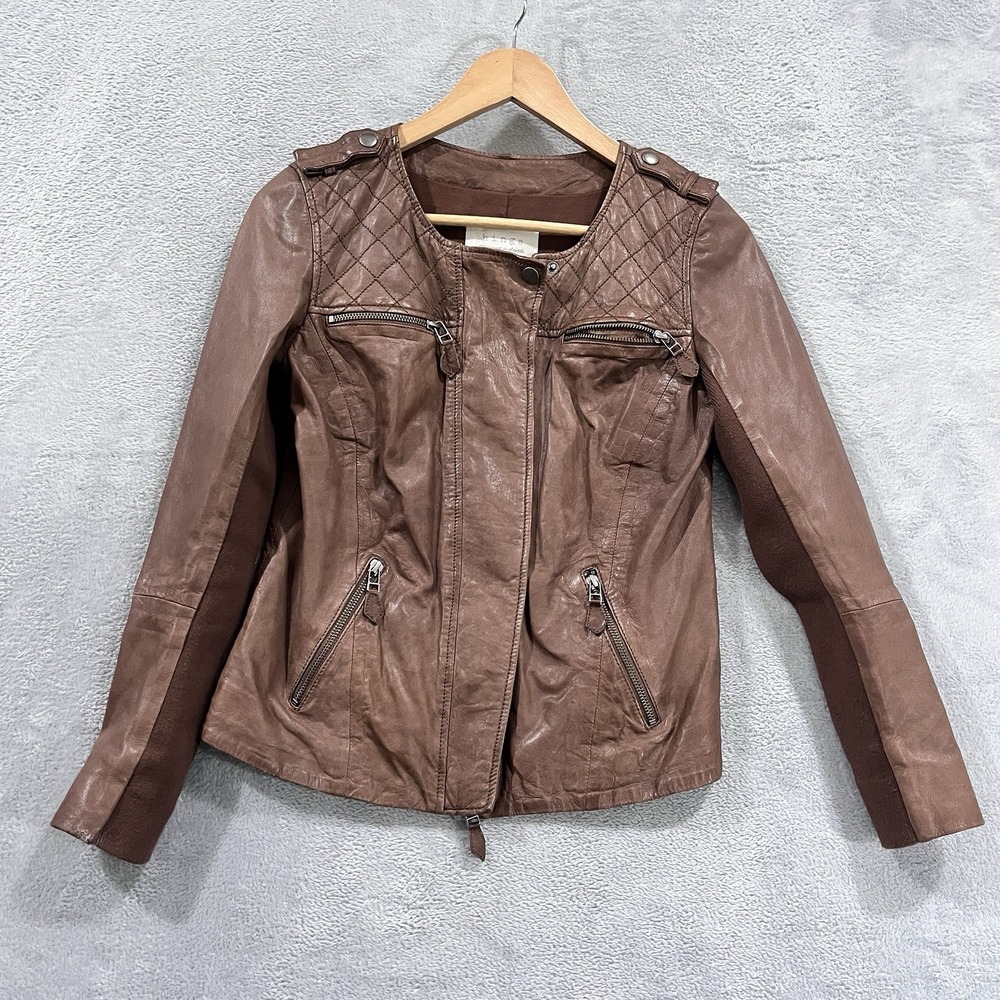 Hinge 100% Leather Jacket Womens XS Brown Zip Bomber Lined Cropped Moto‎